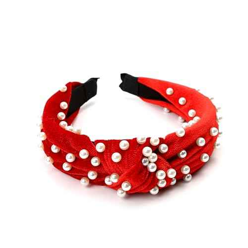 Marsrut Red Pearl Knotted Headband Women Girls, Fashion Cute Top Knot Velvet Hairband Non Slip Trendy Pretty for Valentines Christmas Easter, Beaded Wide Hair Accessories, Elegant Jeweled Embellished