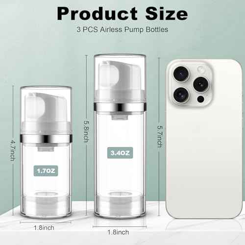 Airless Pump Bottles 3.4oz/100ml 3 Pack Lotion Dispenser Travel Pump Bottles for Toiletries Airless Cosmetic Pump Container Airless Pump Jar for Toiletries Shampoo Cream with Labels(Clear)