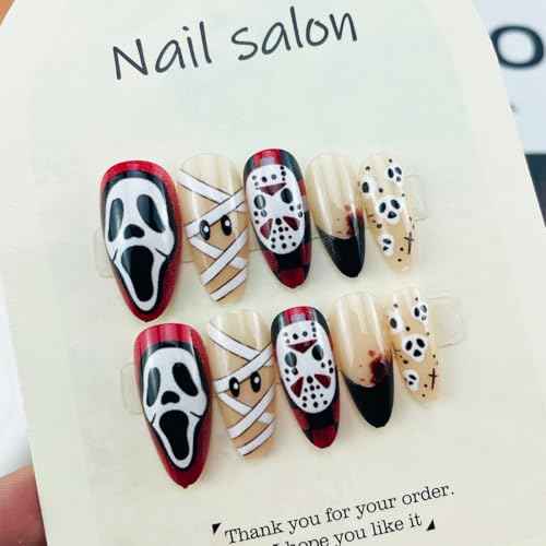 Halloween Press on Nails Medium Almond Fake Nails Horror Ghost Design Skull Mummy Bandage Full Cover Stick on Nail Black French Tip Glue on Nails Gothic Halloween Handmade Nails for Women 24Pcs