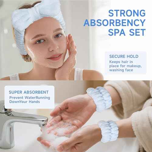 3 PCS Blue Spa Headbands and Wrist Set for Women Girls- Face Wash Headband Wristband Set, Soft Facial Spa Hair Wraps Makeup Skincare Bath Headbands Wrist Bands for Christmas, Birthday Gift