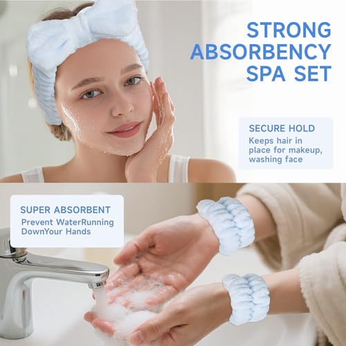3 PCS Blue Spa Headbands and Wrist Set for Women Girls- Face Wash Headband Wristband Set, Soft Facial Spa Hair Wraps Makeup Skincare Bath Headbands Wrist Bands for Christmas, Birthday Gift