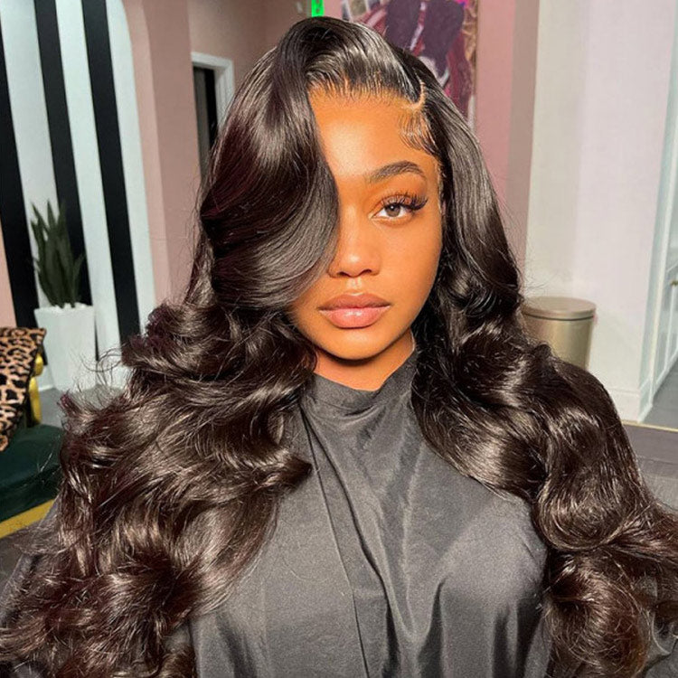 4x7 Lace Closure Human Hair Wig - 200% Density Body Wave Natural Black