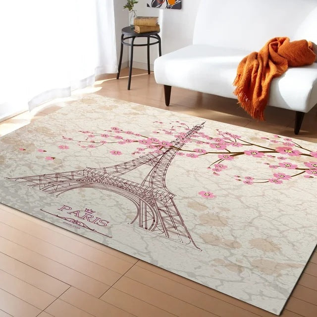 Pastel Cherry Blossom and Crescent Moon Non-Slip Flannel Floor Mat - Home Rug