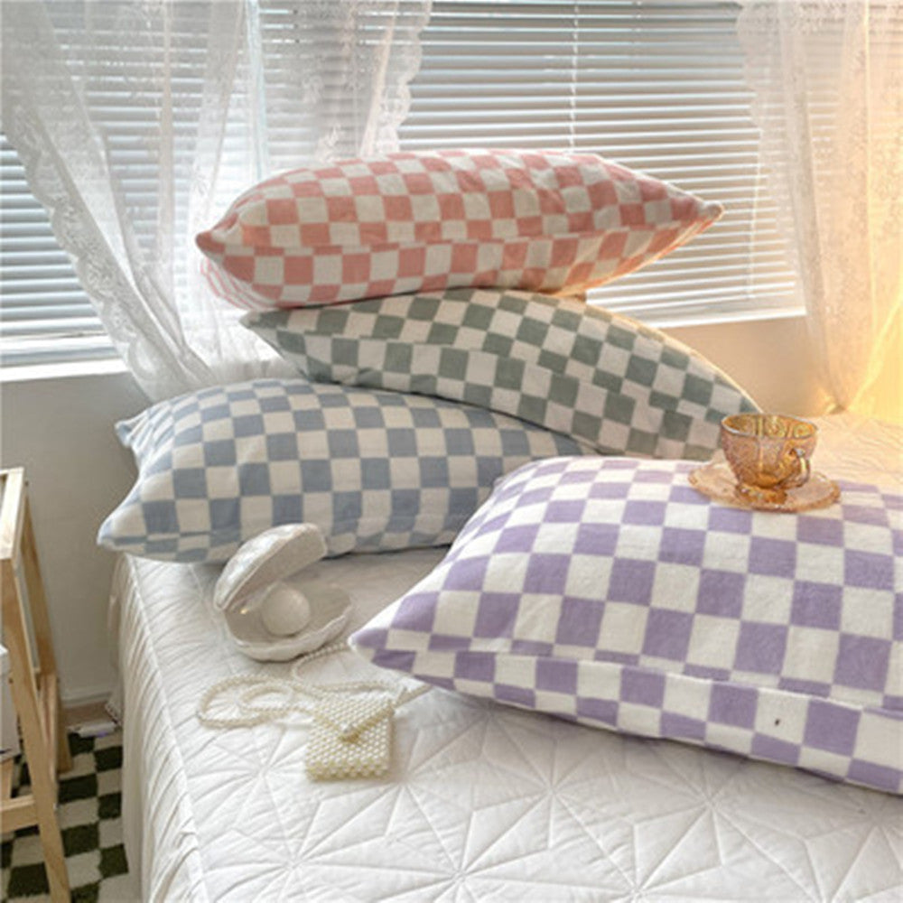 Plaid Flannel Pillowcase Pair - Milk Velvet, Double-Sided Checkered Bedding