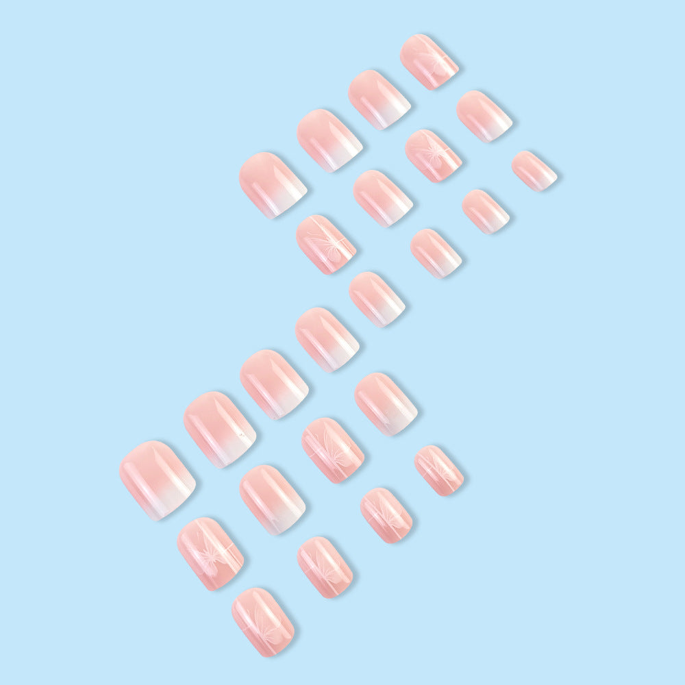 24-Piece Pink Jelly Nail Polish Set with Butterfly Gradient Art - Short Square Tips