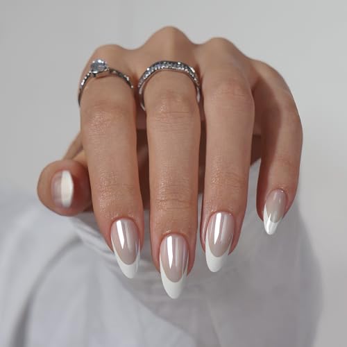 BTArtbox Press On Nails Almond - White French Tip Soft Gel Nails, Chrome Glue On Nails for Gifts, Natural Reusable Glazed Stick On Nails in 15 Sizes - 30 Fake Nails Kit, White Swan