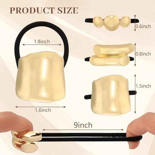 3PCS Gold Hair Ties for Thick Hair - Metal Ponytail Cuff Elastic No Damage Hair Accessories for Women - Geometric Valentine's Day Holiday Gifts