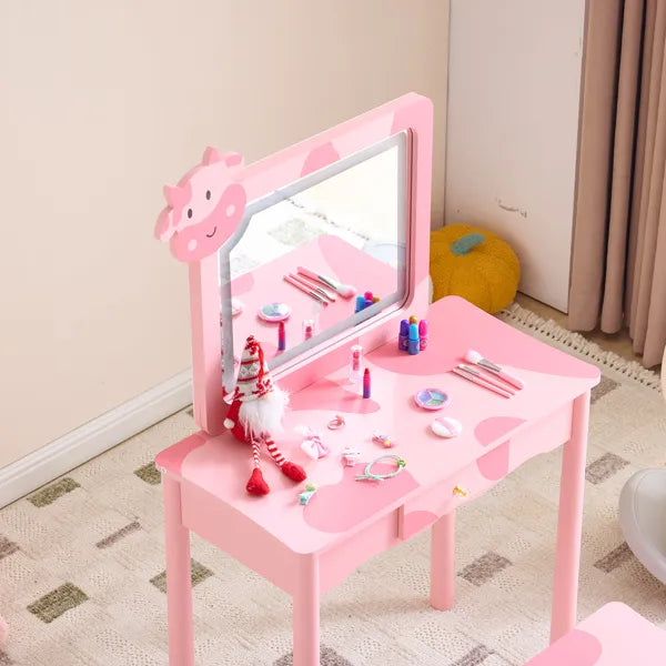 Children's Dressing Table Set with LED Backlight - Pink Cow Pattern