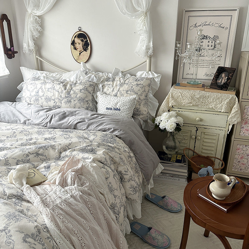 Princess Style Ruffled Cotton Bed Sheet Duvet Cover Set - Floral Minimalist Bedding