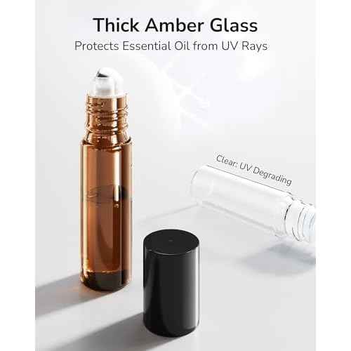 ULG 48-Pack Essential Oil Roller Bottles 10ml, Empty Bottles with Stainless Steel Roller Balls and Waterproof Labels, Amber Roller Balls For Essential Oils