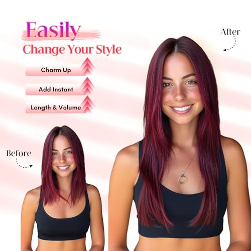 Rich Choices Halo Hair Extensions Real Human Hair Invisible Wire In Hair Extensions Remy Human Hair Clip in Human Hairpiece One Piece 18 Inch #99J Burgundy Red
