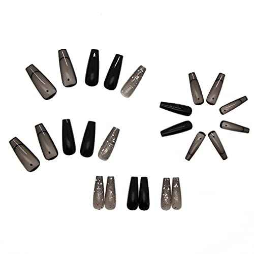 BABALAL Glitter Press on Nails Black French Fake Nails Shiny Clip on Nails Long Ballerina Artificial Finger Manicure with Nail Glue for Women and Girls