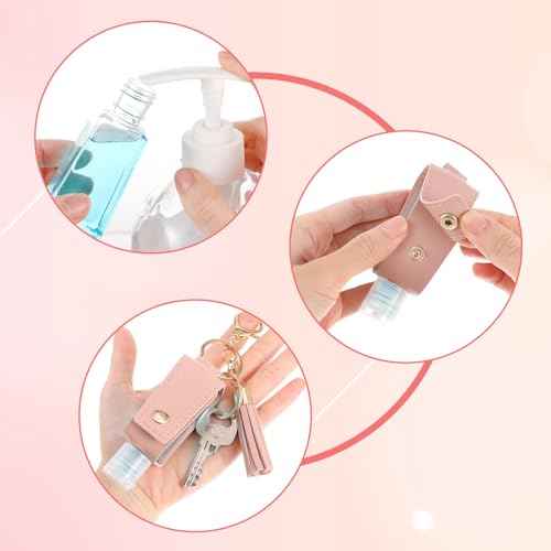 2Pcs Portable Leather Hand Sanitizer Holder, Travel Size Keychain Case Refillable Bottle for Toiletry Lotion Liquid Soap Shampoo (Black, Pink)