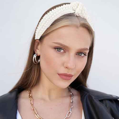 YISSION White Pearl Knotted Headband Beaded Head bands Wide Headbands for women Non Slip Jeweled Embellished Hairband Hair Accessories for Women Girls (Densely Arranged Pearls)