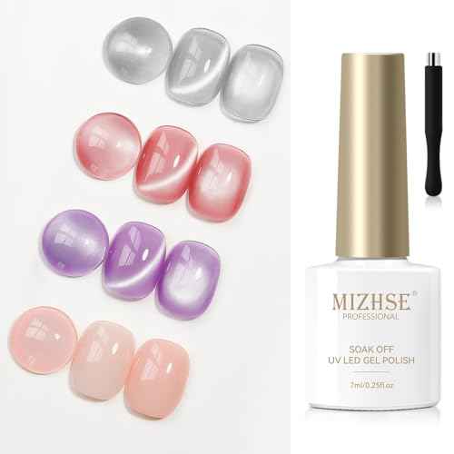 MIZHSE Cat Eye Gel Nail Polish, Moonlight Magnetic Gel Polish and Sheer Nude Nail Kit with 1 Magnet Stick, Glass Shiny Effect Silver Pink Purple Soak Off Manicure Home DIY