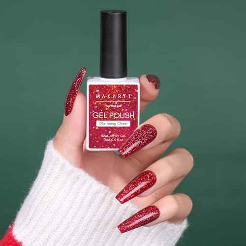 Makartt Christmas Red Glitter Gel Nail Polish - 15ml Sparkle Shimmer Soak Off UV Gel for Nail Art, Winter Manicure, New Year Shades, DIY Salon Gift for Women