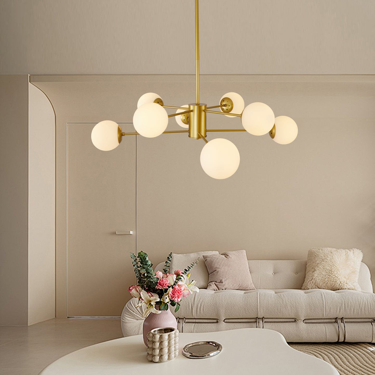 8-Light Gold Chandelier with White Glass Globe Shades - Modern Design