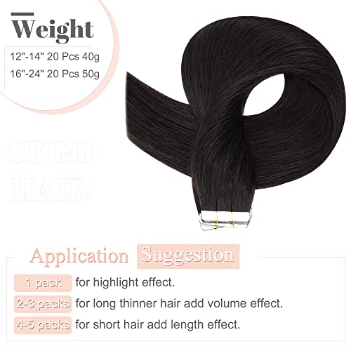 SEGO Tape in Hair Extensions Human Hair 20 Inch Natural Black 40pcs 100g Straight Natural 100% Remy Rooted Seamless Skin Weft Invisible Double Sided Tape Hair for Women