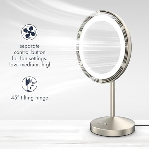 Conair LED-Lighted Fan Makeup Mirror with Spot Magnification, Vanity Mirror with Lights and Fan with 3 Settings, 6.3-Inch Viewing Area, Brushed Satin Nickel Finish