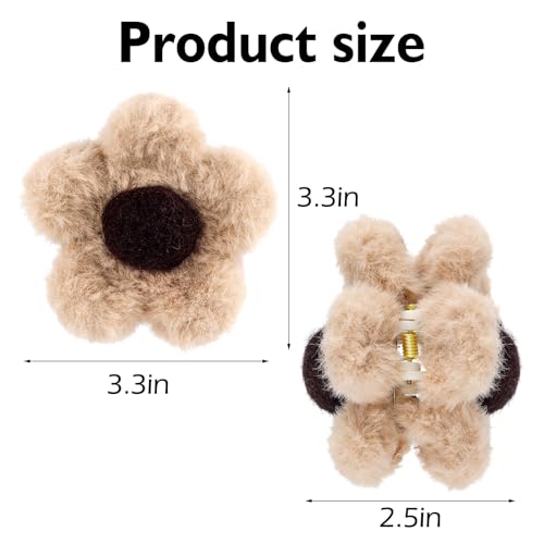 Flower Hair Clips for Women Girls Cute Kawaii Fluffy Claw Clip for Long Curly Thick Thin Hair Brown Medium Plastic Jaw Claw Clips Strong Hold Hair Catch Clamps Barrettes Headwear Hair Styling Clips