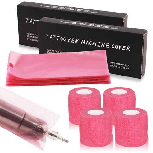 Tattoo Machine Pen Covers with Grip Tape Wrap - Narkysus 400Pcs Pink Machine Sleeves 2.5"x7.1" Large Tattoo Pen Bags and 4Pcs Pink Tattoo Gun Wrap Tattoo Supplies for Women and Studio Use