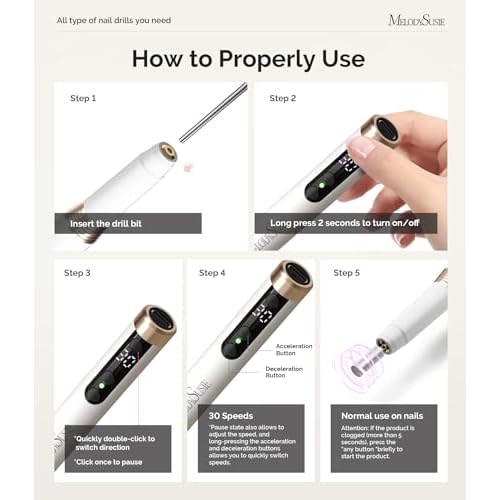MelodySusie Manicure Cordless Nail Drill PM170F White, 30,000RPM Ultra Fine Portable Electric Nail File, Low Noise & Low Vibration, Coreless Motor with Bits & Ultra Fine Sanding Bands for Beginners