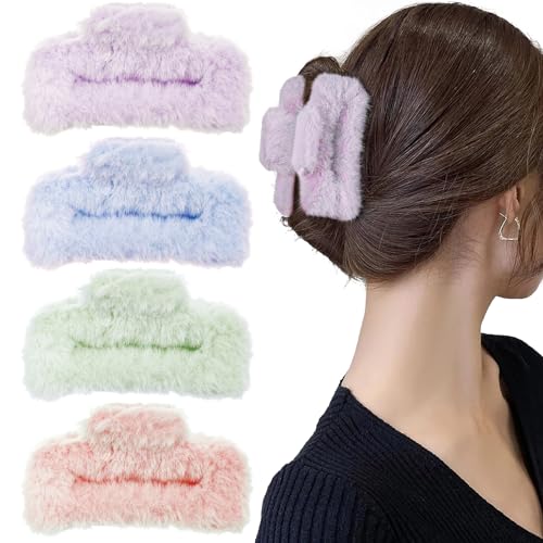4 PACK Large Hair Claw Clips, Faux Fur Plush Hair Catch Barrette Jaw Clamp, Cute Square Furry Claw Clips for Thick Curly Hair Catch Accesories for Women and Girls