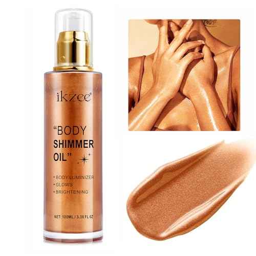 Body Shimmer Oil 100ml, Long Lasting Moisturizing Face & Body Luminizer, Waterproof Liquid Illuminator, Shimmer Glitter Oil Highlighter (#04 Golden Brown)