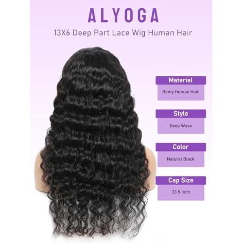 Deep Wave Lace Front Wigs Human Hair 13x6, Real Remy Virgin Human Hair Wig for Black Women, 180 Density, Daily Wear Suitable Pre Plucked with Baby Hair, Natural Color, 20 Inch