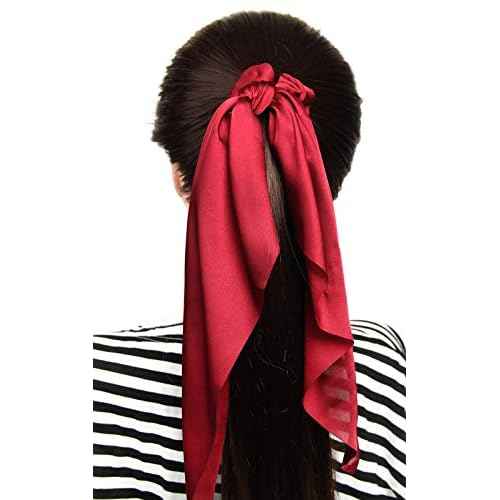 Pack of 2 Knotted Bow Hair Scrunchies Elastic Hair Scarf Hair Ties Bands Satin Hair Ribbon Scrunchy Red Ponytail Holder for Women and Girls, Hair Scarf Scrunchies, Hair Accessories (Burgundy)