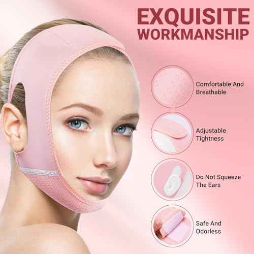 Reusable V Line Lifting Mask with Chin Strap for Sleeping,Double Chin Reducer,Face Lift Prevent Sagging, Jaw Exerciser,Light Pink,M