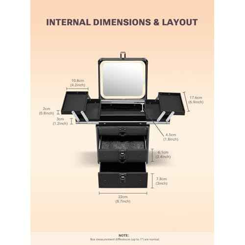 Qislee Makeup Box with Double Drawers and Four Trays, A Detachable Lighted Mirror, Waterproof Travel Train Case, Cosmetic Organizer and Makeup Suitcase with Magnetic LED Mirror(Black)