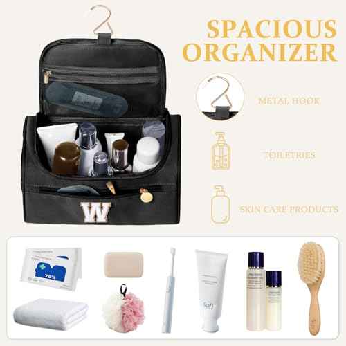 COSHAYSOO Christmas Valentines Galentines Day Fall Travel Gifts for Women Friend Sister Bestie Happy Birthday Party Favor Present, Large Hanging Toiletry Bag Skin Care Toiletries Black Letter W