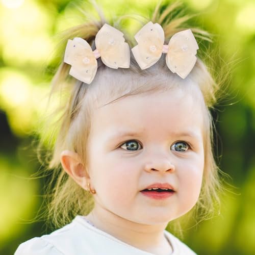 KISZU 4.5 Inch Flower Hair Bow Clips, Organza Bows with Pearls Big Hair Accessories for Baby Girls Kids Children Teens and Women (Yellow)