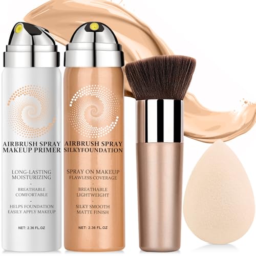 AirBrush Foundation Spray With Airbrush Primer, Silky Mist Foundation Spray Makeup, Full Coverage Foundation for Smooth Radiant, Formula Breathable Lightweight Hydrating (02 Beige)