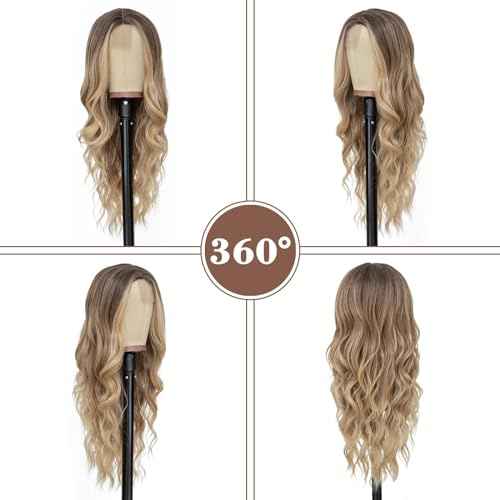 NAYOO Long Ombre Blonde Wavy Wig for Women 26 Inch Middle Part Curly Wavy Wig Natural Looking Synthetic Heat Resistant Fiber for Daily Party Use (Ombre Blonde)