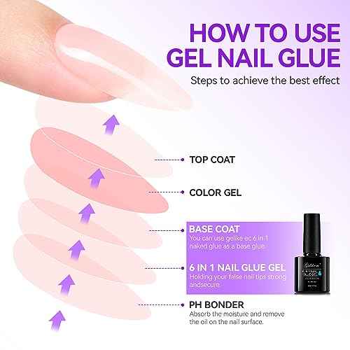 Gelike EC Gel Nail Glue for Press On Nails: 6 in 1 Strong UV Nail Glue for Nail Tips and Acrylic Fake Nail - Long Lasting 28 Days Quick Dry - Beginner Friendly DIY for Home Salon