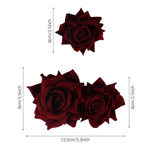 3 Pcs Rose Flower Hair Clip Rose Brooch Flamenco Dancer Hairpin Mexican Hair Accessories for Woman Girls Wedding Party Mother's Day Halloween Costume (2 Styles) (Dark Red)