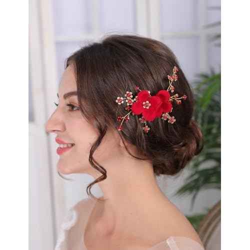 Teyglen Red Flower Wedding Hair Clip Pin Rhinestone Bridal Hair Clip Handmade Red Crystal Pearl Hair Barrette Wedding Headpeice Hair Accessories for Women