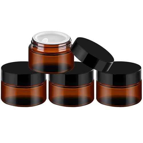 TUZAZO 1oz Glass Jars with Lids, 4 Pack Small Amber Glass Jars with Inner Liners & Stickers Refillable Empty Cosmetic Containers for Creams, Lotions, Body Butters, Powders