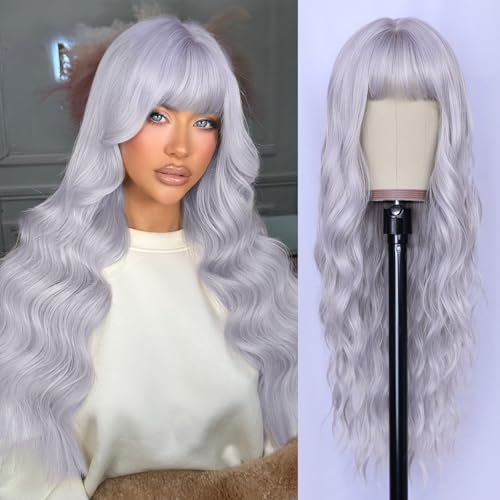 NAYOO Gray Wigs with Bangs - Long Curly Wavy Synthetic Fiber Wigs for Daily Party Use - Heat Resistant - 26 Inches (Silver Gray)