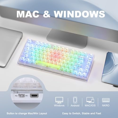 YUNZII X75 82 Key Hot Swappable Mechanical Keyboard with Transparent Keycaps, 75% Layout Gasket Mount RGB Backlit for Windows/Mac (Kailh Jellyfish Switch, Wired-White)