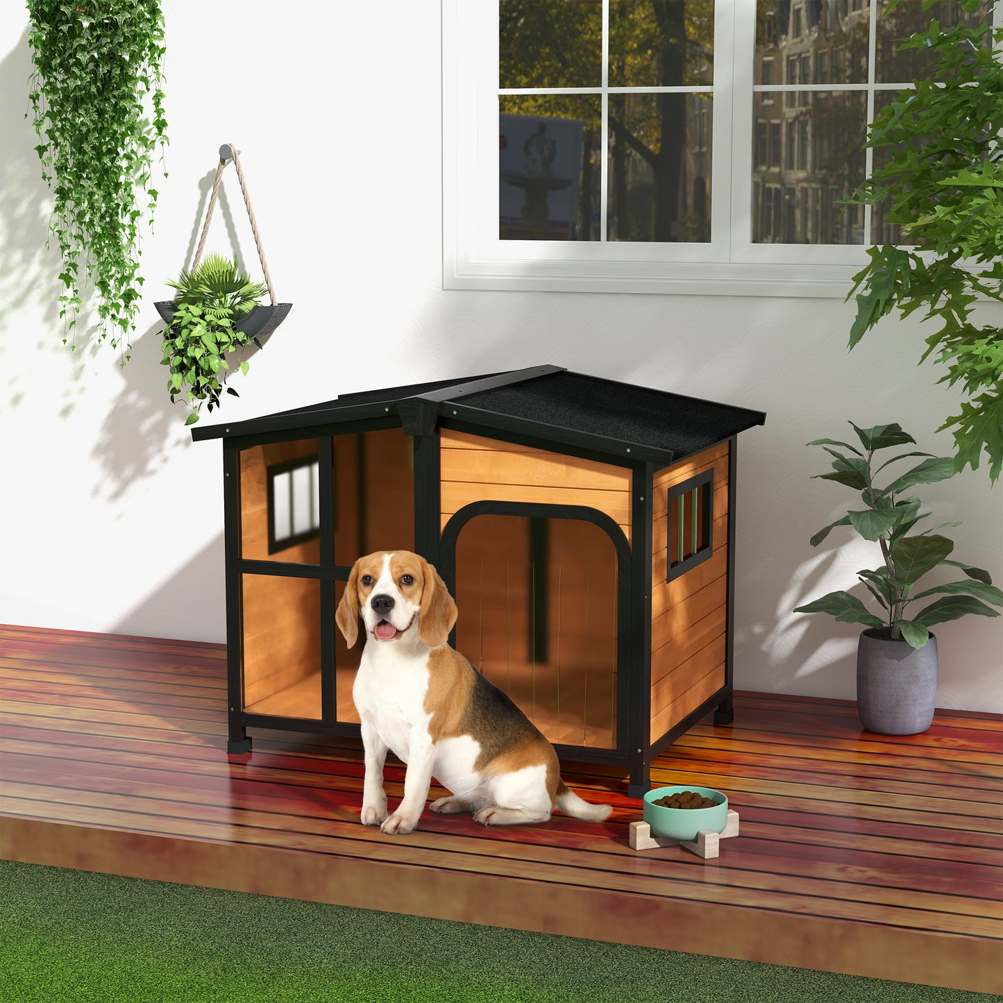 Large Wooden Dog House with Openable Roof and Window - Weatherproof Pet Shelter