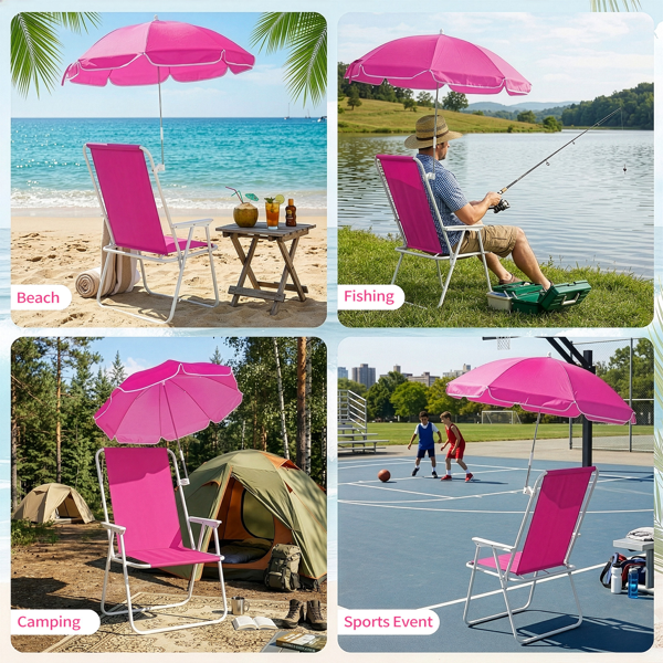 Folding Beach Chair with Detachable Umbrella - XL Size, Pink