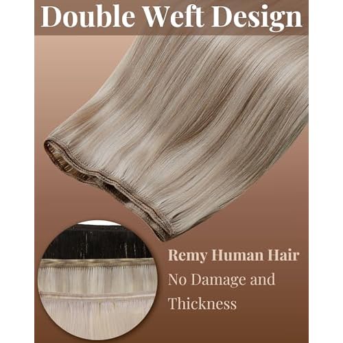 Hetto Sew in Hair Extensions Real Human Hair Ash Blonde Highlight Light Blonde Weft Human Hair Extensions Invsiible Sew in Hair Extension Silky Straight 20 Inch 100g