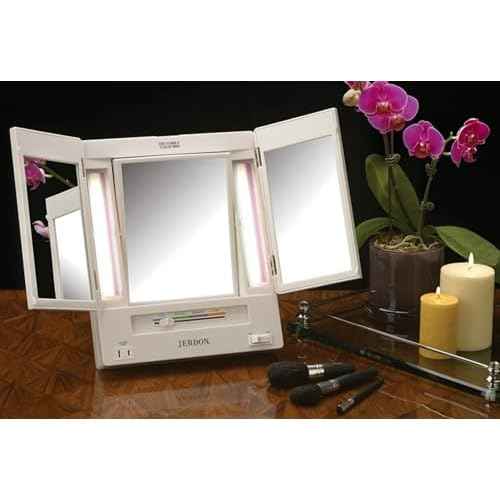 JERDON Tri-Fold Two-Sided Makeup Mirror with Lights - Vanity Mirror with 5X-1X Magnification & Multiple Light Settings - White - Model JGL9W