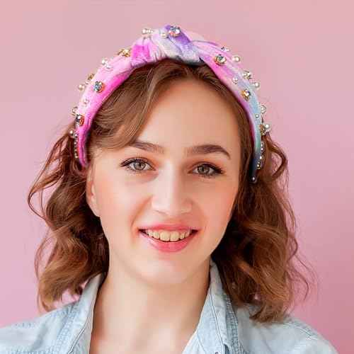 Crystal Rhinestone Headbands for Women Tie Dye Headwear Pearl Knotted Headband Diamond Velvet Purple Fabric Broad Cute Top Knot Headband Gift for Women Party Supplies 1PCS