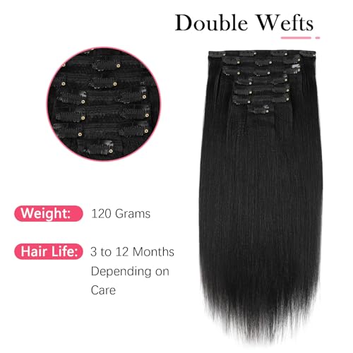 Sassina 20 Inch Yaki Straight Clip in Hair Extensions Virgin Human Hair Jet Black Double Wefts for African American Black Women 7 Pieces 120g with 17 Clips