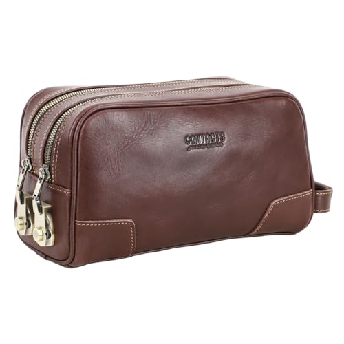 Coded Lock Toiletry Bag, Mens Genuine Leather Travel Shaving Dopp Kit Anti Theft Business Wallet Clutch Purse Bag Organizer