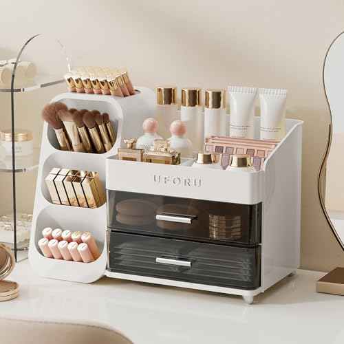 Makeup Organizer for Vanity with Brush Holder, Countertop Organizer with 2 Drawers, Spacious Cosmetic Display Case for Beauty Essential, Skincare, Lipstick